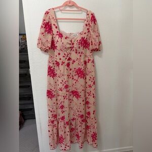 Floral pink Maxi Dress with Pink Embroidery